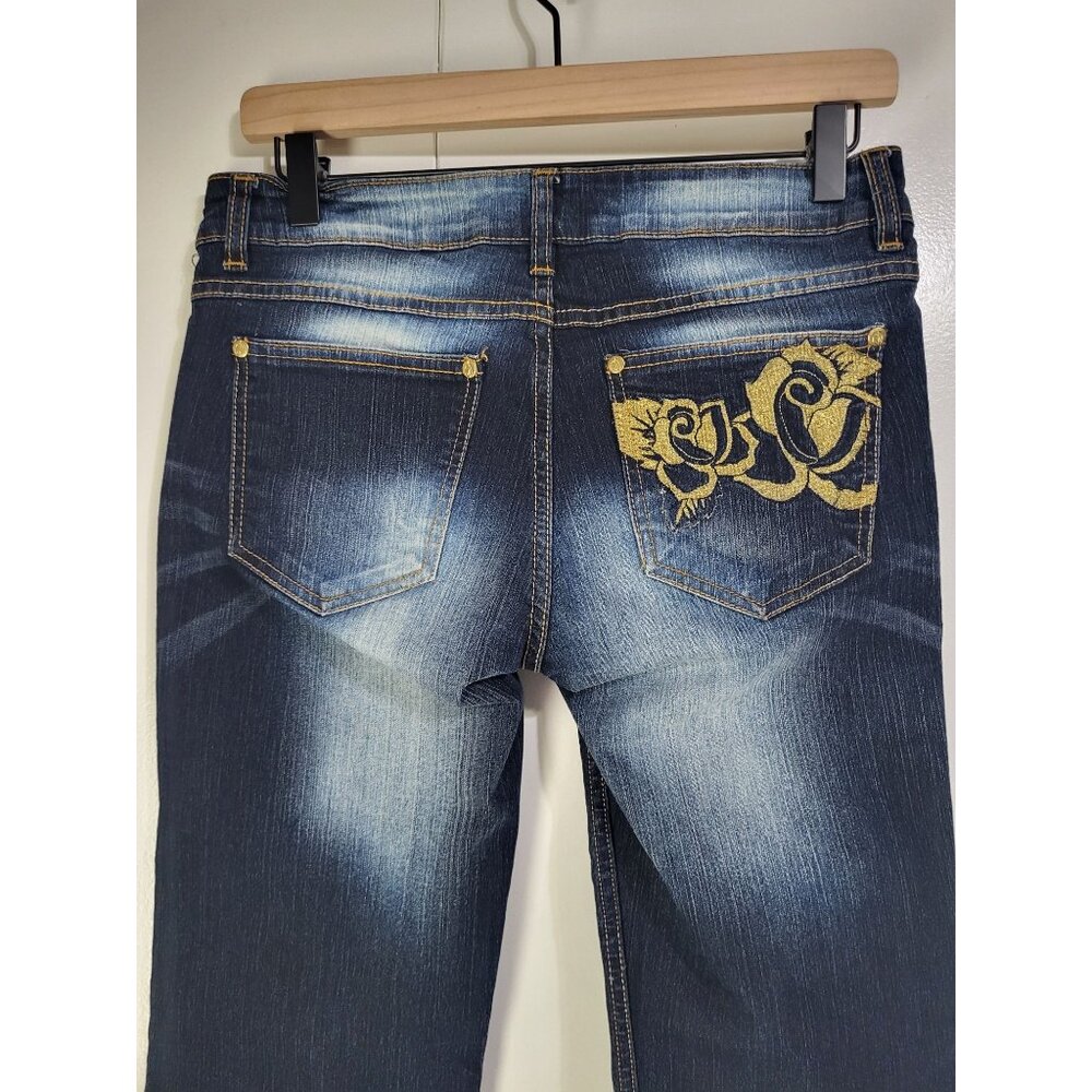 Southpole Womens Y2K Bootcut Jeans SZ 9 Blue Denim Gold Embroidered Rose Detail - Picture 4 of 12